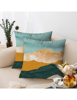 Lifebeliever Cushions Set of 2 Green and Golden Mountain Range Design Throw Pillows with Inserts, Single-Sided Digital Print Square Ultra-Soft Decorative Cushions for Home Decor Aesthetics