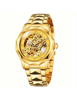 Museumoon Watches Elegant Men's Golden-Tone Automatic Mechanical Watch - Sleek Hollow Design, Stainless Steel Band, Business Casual Style